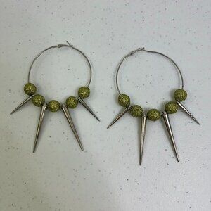 Big Hoop Earrings Spike Stud Punk Green Beaded Silver‎ Tone Glitter 3 Inch